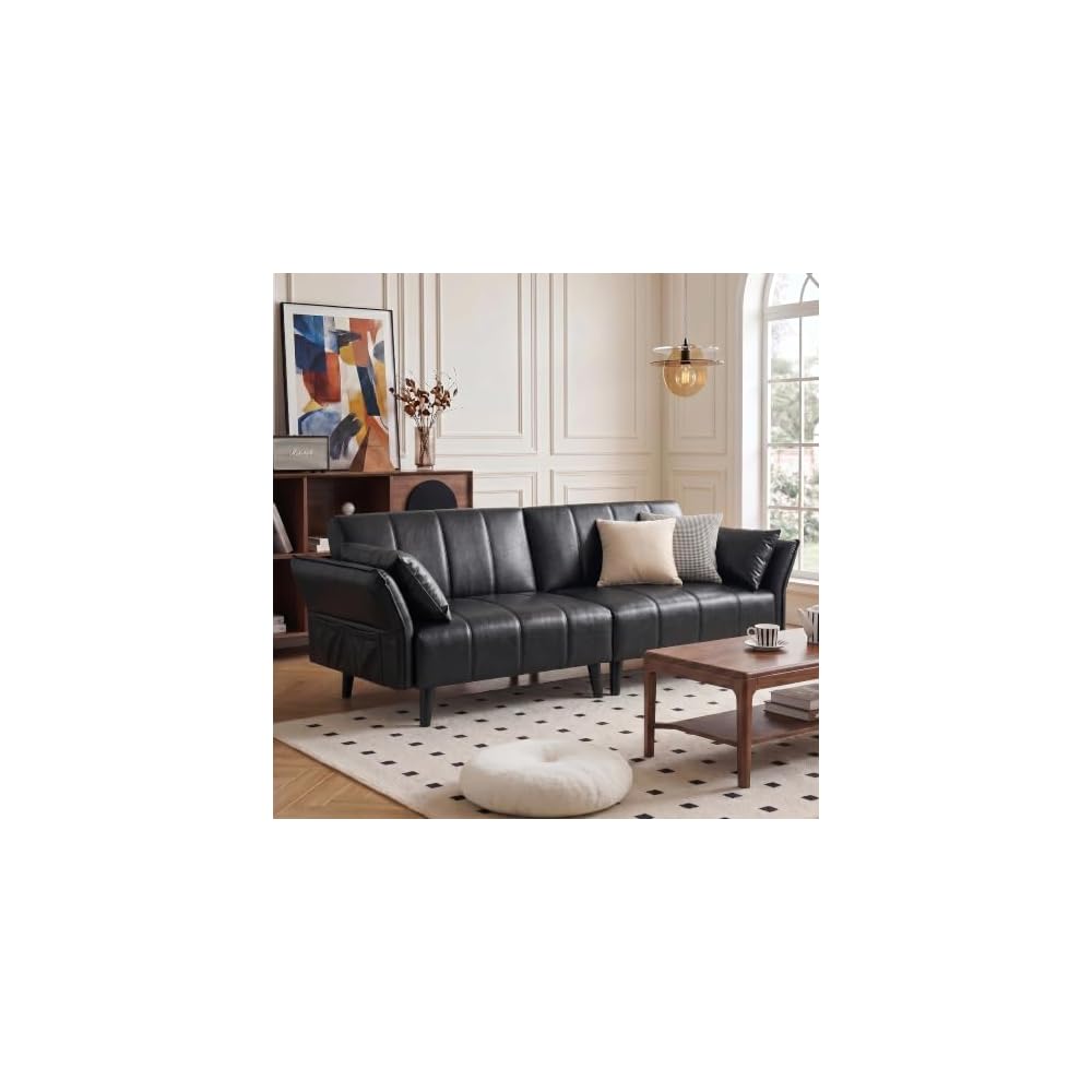 83" Faux Leather Futon Sofa Bed,Convertible 3-Seater Leather Couch(Black)