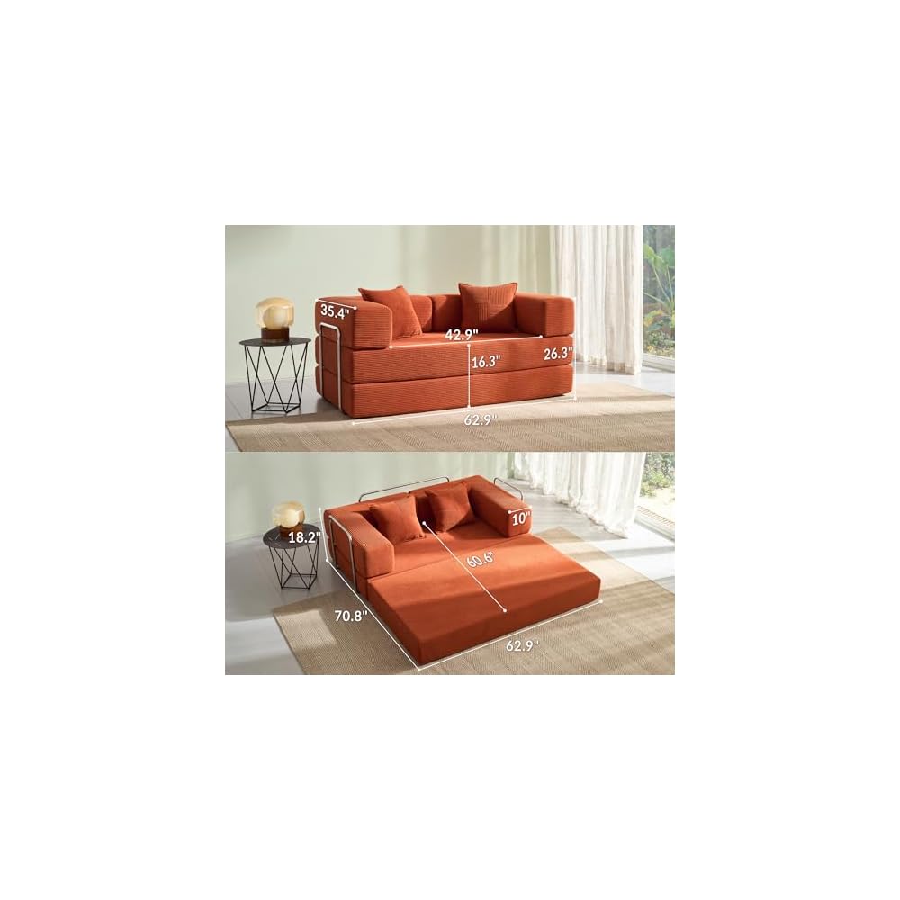 Sofa Bed, 62'' Folding Floor Couch, Compressed Convertable Sleeper Sofa, Memory Foam Couch with Pillow Back Support Armrest, 4-in-1 Futon Sofa Bed for Living Room, Tangerine