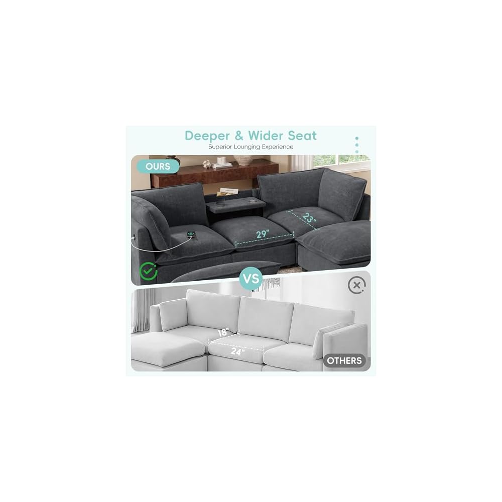 98" Modular Sectional Sofa with Movable Storage Ottoman, U-Shaped Cloud Couch with Fold-Down Backrest Table, Charing Ports, Cup Holders, Chenille Deep Seat Sectional Couches for Living Room, Gray