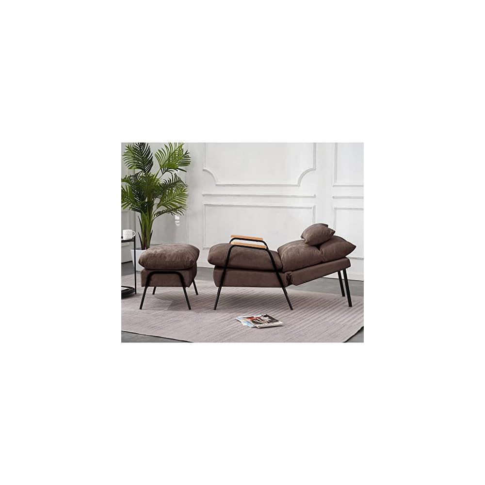 Accent Recliner Chair with Ottoman, Modern Fabric Armchair, Upholstered Sofa Bed for Living Room Bedroom, Small Space 4055 (Black Frame, Brown)