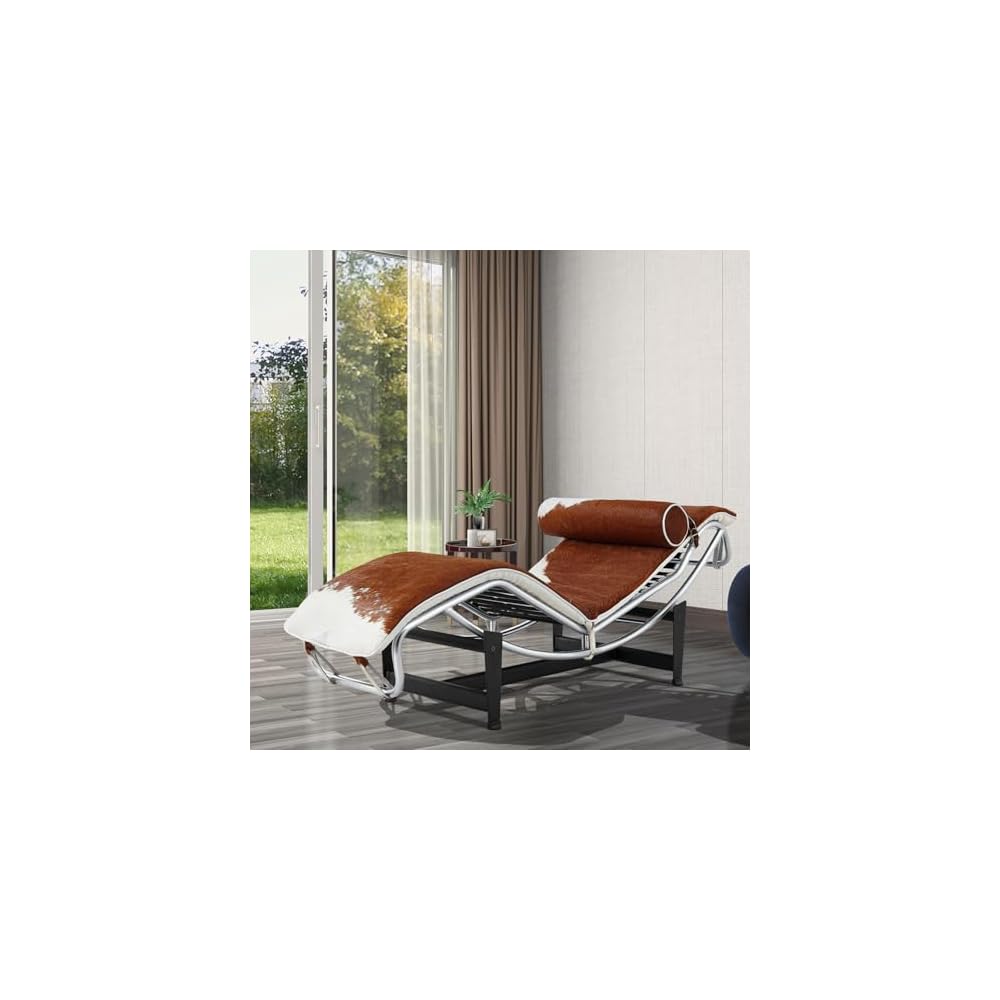 Le Corbusier Style LC4 Chaise Lounge Chair Reproduction - Brown & White Pony Leather