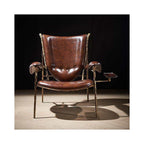 Vintage Leather Sling Lounge Chair with Metal Frame, Industrial Oil Wax Accent Chair with Arm Tray for Living Room, Cigar Lounge & Office (Brown)