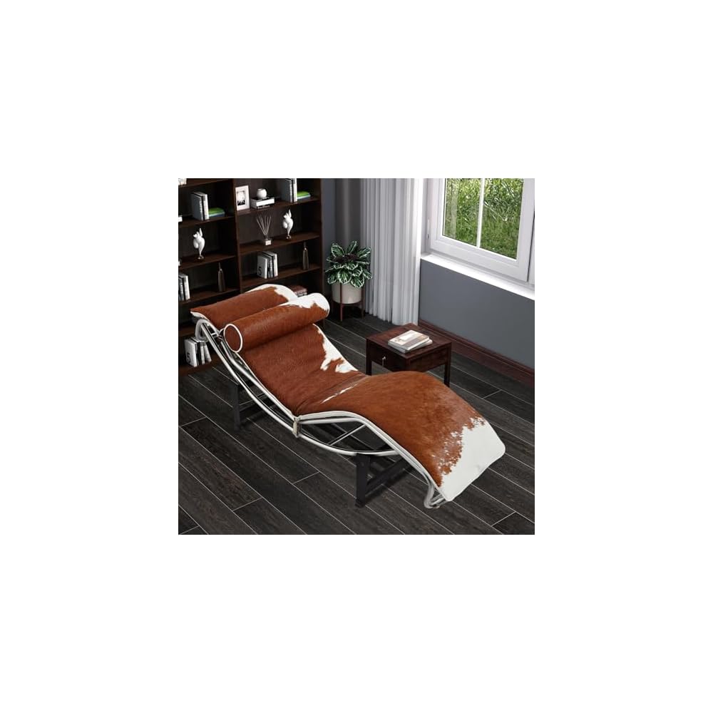 Le Corbusier Style LC4 Chaise Lounge Chair Reproduction - Brown & White Pony Leather
