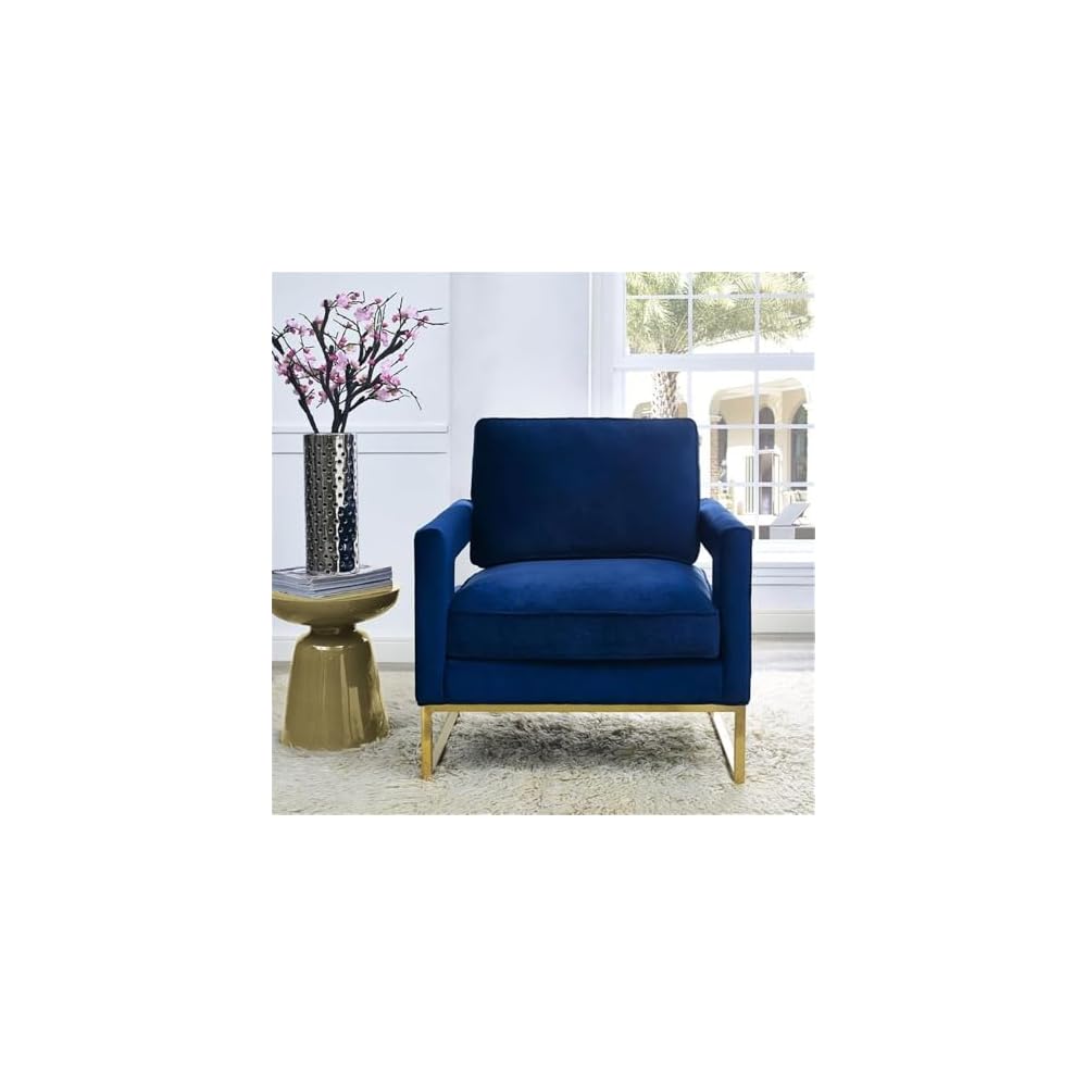 The Avery Collection Modern Style Living Room Den Leather Upholstered Armchair with Gold Legs, Navy