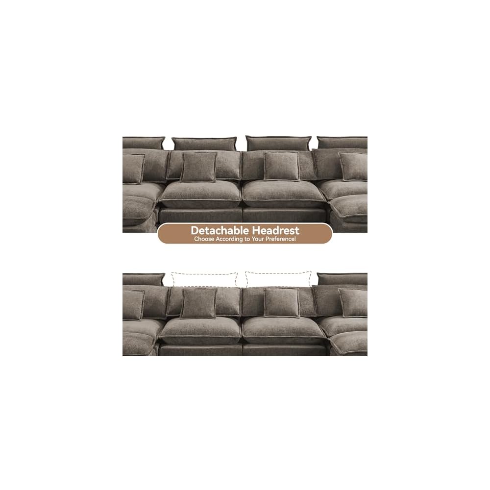 134'' Cloud Modern 4 Seater Couch with Detachable Headrest, Modular Sectional Sofa with 2 Ottomant, Oversized U Shape Chenille Comfy Sofa with Armrests for Living Room, Brown