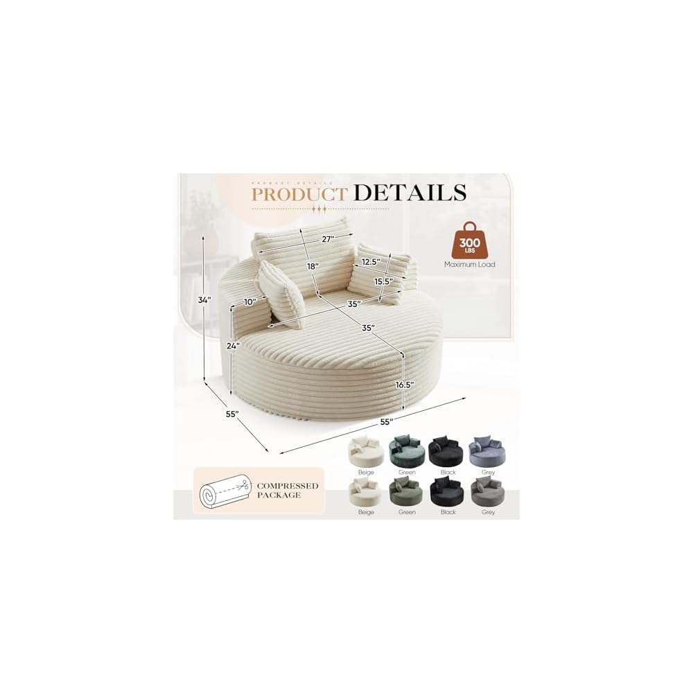 Modern Round Accent Sofa Chair for Living Room, Upholstered Corduroy Barrel Lounge Arm Chair with Large seat&Throw Pillows for Bedroom, Office, Apartment, Beige