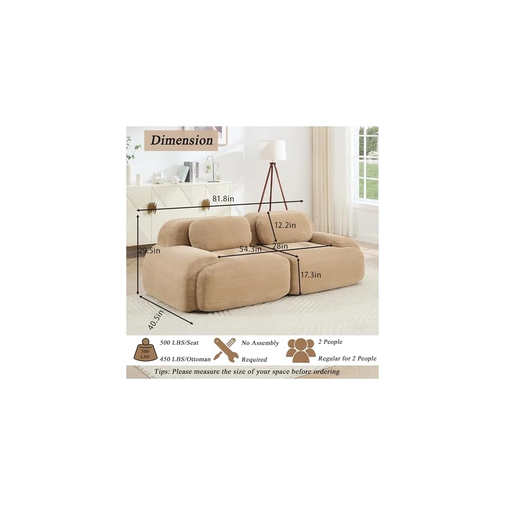 Modular Sectional Sofa Boneless Couch Corduroy Cloud Couch, Modern Deep Seat Sectional Couches for Living Room, 82" Loveseat Apartment Sofa Small Couches for Small Spaces, No Assembly(Camel)