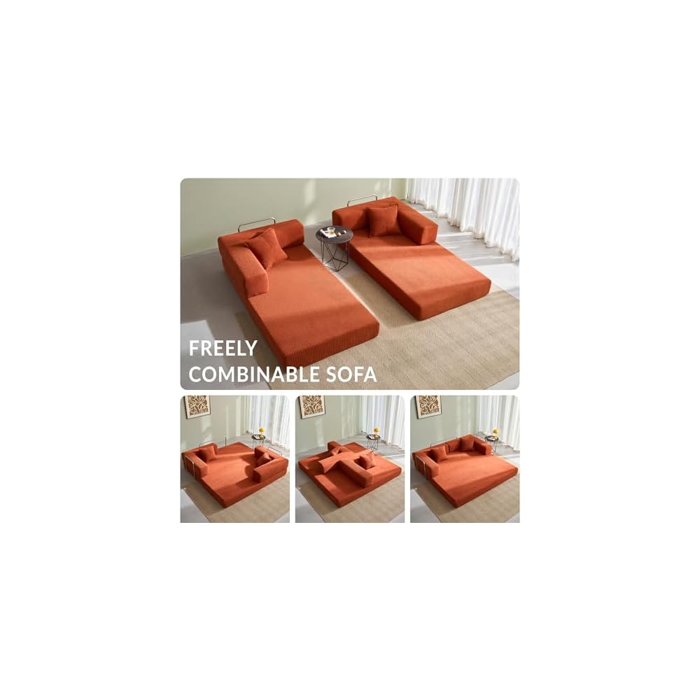 Sofa Bed, 62'' Folding Floor Couch, Compressed Convertable Sleeper Sofa, Memory Foam Couch with Pillow Back Support Armrest, 4-in-1 Futon Sofa Bed for Living Room, Tangerine