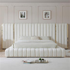 King Platform Bed, 96.5” x 146” x 60”, Velvet Upholstered in Cream, Winged Headboard with Vertical Piping, Low-Profile Design, Sturdy Frame, Luxurious Bedroom Centerpiece