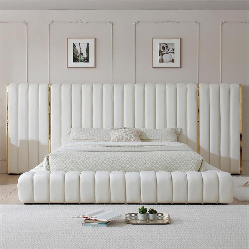 King Platform Bed, 96.5” x 146” x 60”, Velvet Upholstered in Cream, Winged Headboard with Vertical Piping, Low-Profile Design, Sturdy Frame, Luxurious Bedroom Centerpiece
