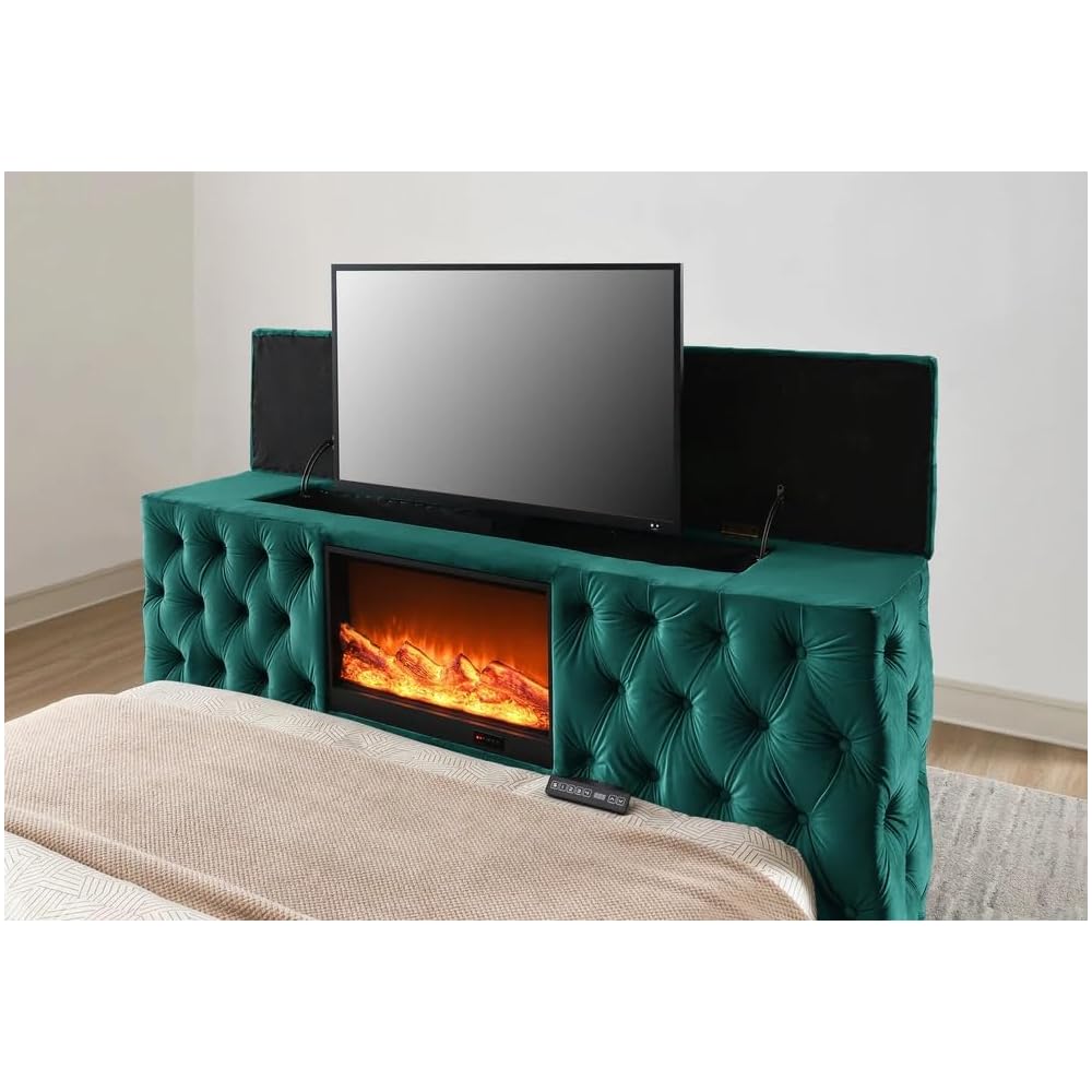Velvet King Bed - Tufted Upholstered Bed Frame with TV Stand & Fireplace in Footboard - Soft Velvet Fabric for Comfy Experience - Suitable for TV up to 50”, (Green)
