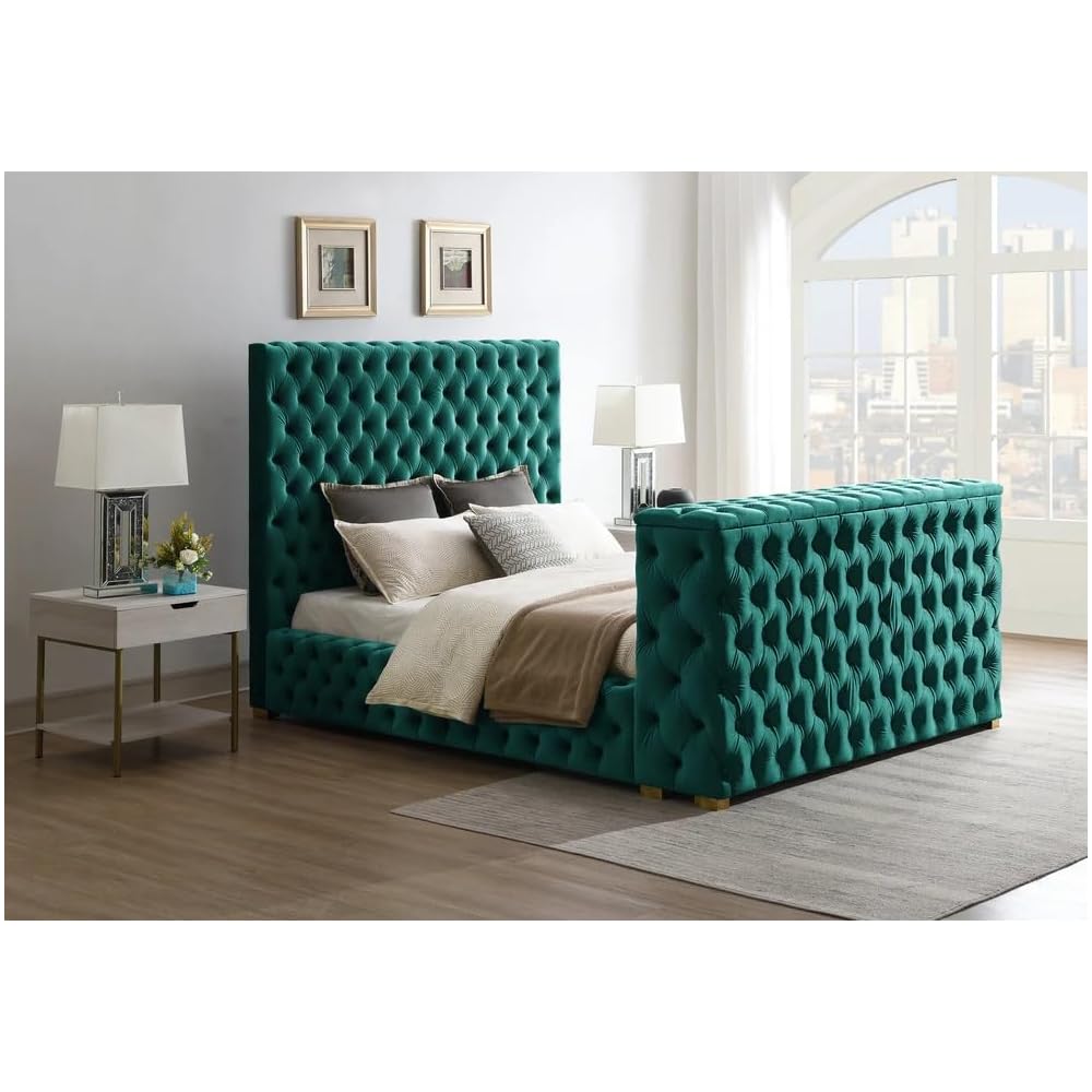 Velvet King Bed - Tufted Upholstered Bed Frame with TV Stand & Fireplace in Footboard - Soft Velvet Fabric for Comfy Experience - Suitable for TV up to 50”, (Green)