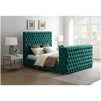Velvet King Bed - Tufted Upholstered Bed Frame with TV Stand & Fireplace in Footboard - Soft Velvet Fabric for Comfy Experience - Suitable for TV up to 50”, (Green)
