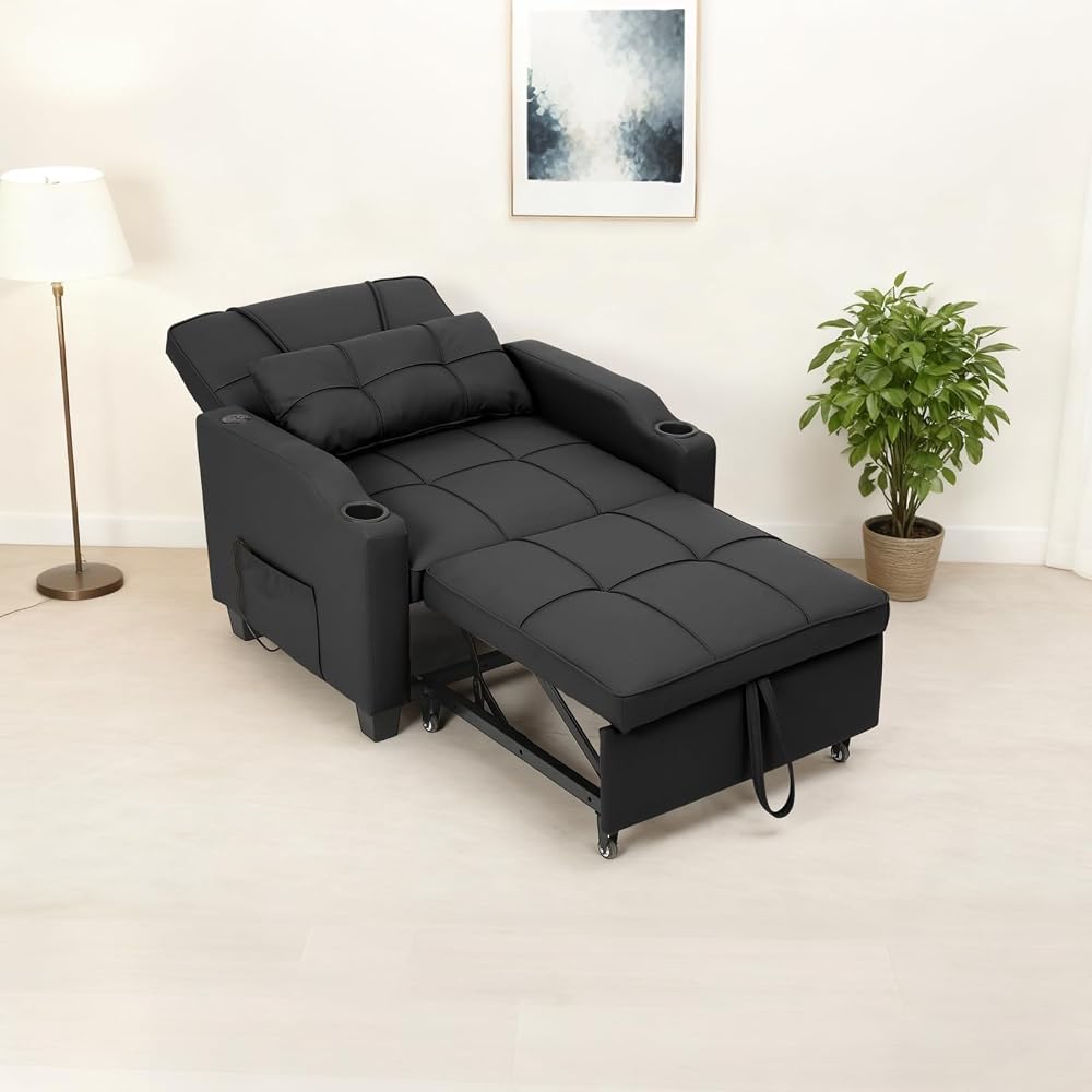 4 in 1 Convertible Sleeper Chair Bed with Vibration Massage Lumbar Pillow, Single Sofa Recliner Featuring USB/Type-C Port, Cup Holders & Side Pocket, Space-Saving Pull Out Bed for Small Spaces, Black