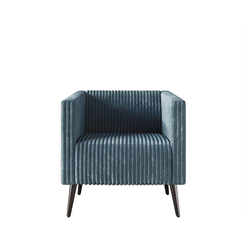 Modern Velvet Armchair with Vertical Channel Back, Padded Arms and Metal Legs, Light Blue