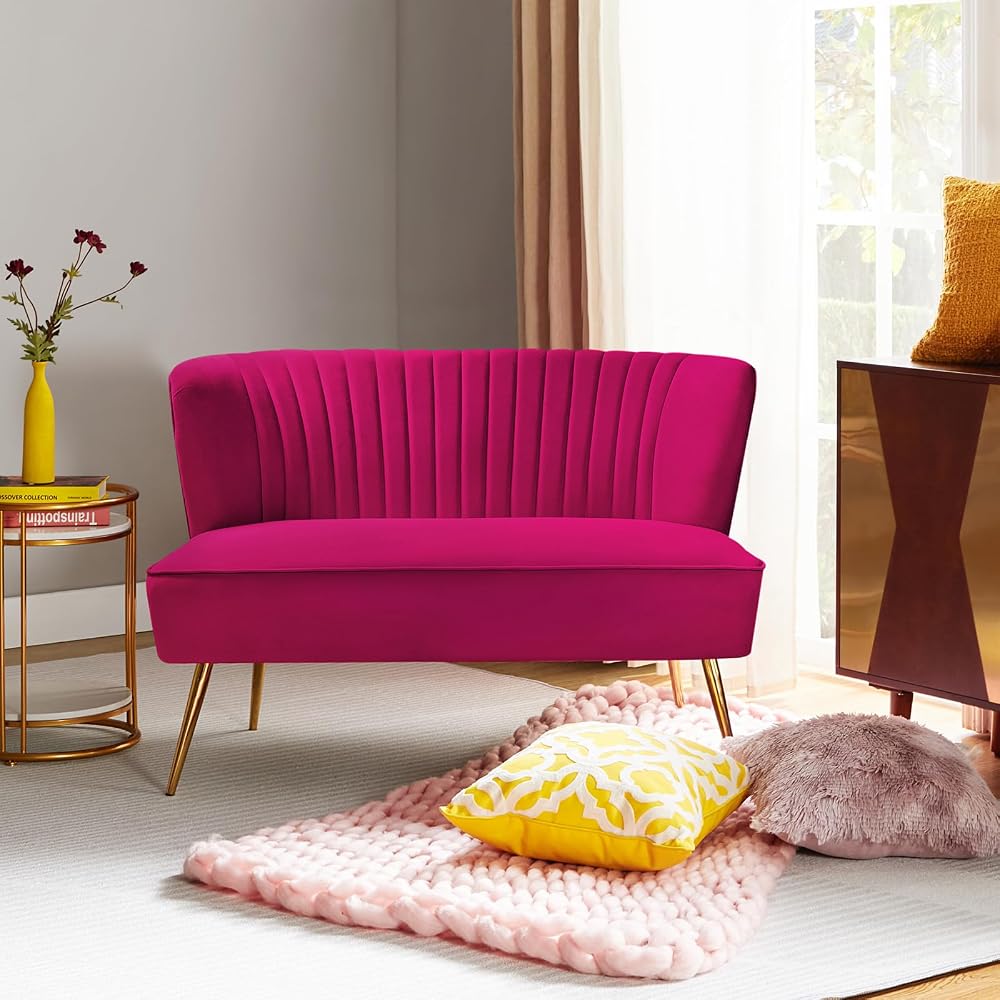 Contemporary Velvet Loveseat Sofa, Upholstered Loveseat Couch with Golden Metal Legs, Small Tufted 2-Seat Sofa Armless Love Seat for Living Room, Bedroom, Apartment Small Spaces, Fuchsia