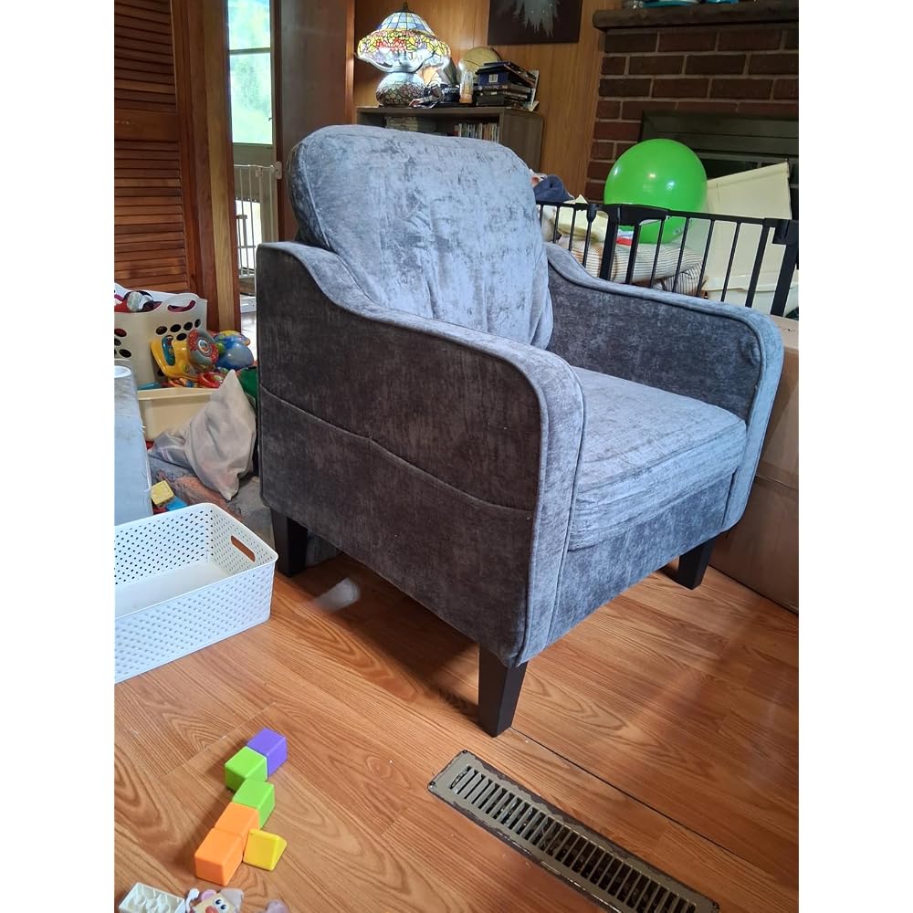 Accent Chair for Living Room, Mid Century Modern Reading Chair for Bedroom, Upholstered Armchair with Side Pockets, Comfy Single Sofa Side Chair for Office, Apartment, Small Room, Light Brow