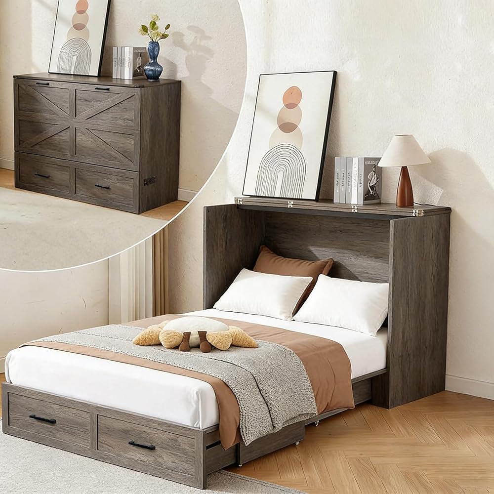 Murphy Bed, Full Farmhouse Cabinet with Charging & Storage, Rustic Grey