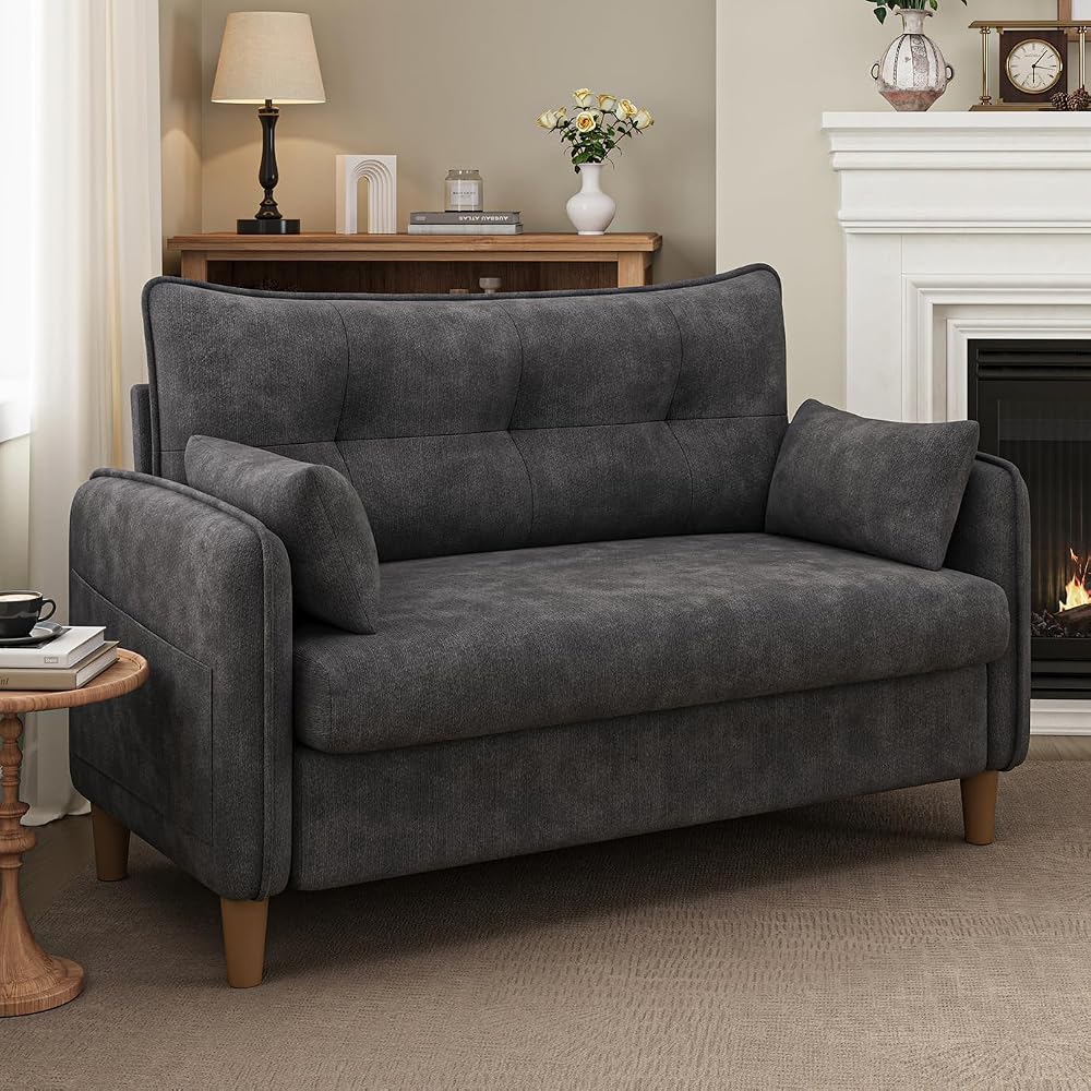 50" Mini Loveseat Couch for Small Space | Tufted Love Seat Couches for Bedroom and Apartment | Small Sofa Dark Grey
