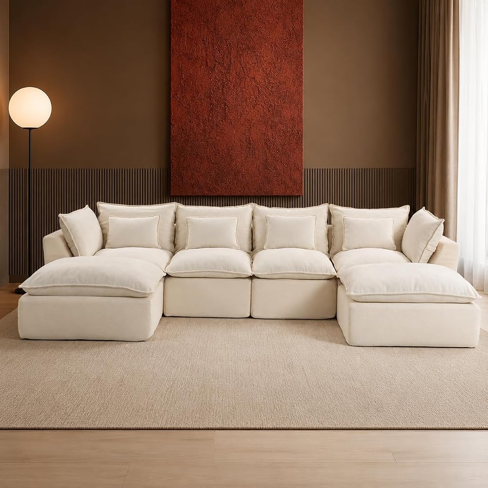 130 Inch Boneless Cloud Couch with 2 Ottomans, Compressed 4 Seat Modular Sectional Sofa, Fully Foam Couch for Large Living Room, Waffle Knit Fabric, No Hard Frame Sofa with 6 Pillows, White