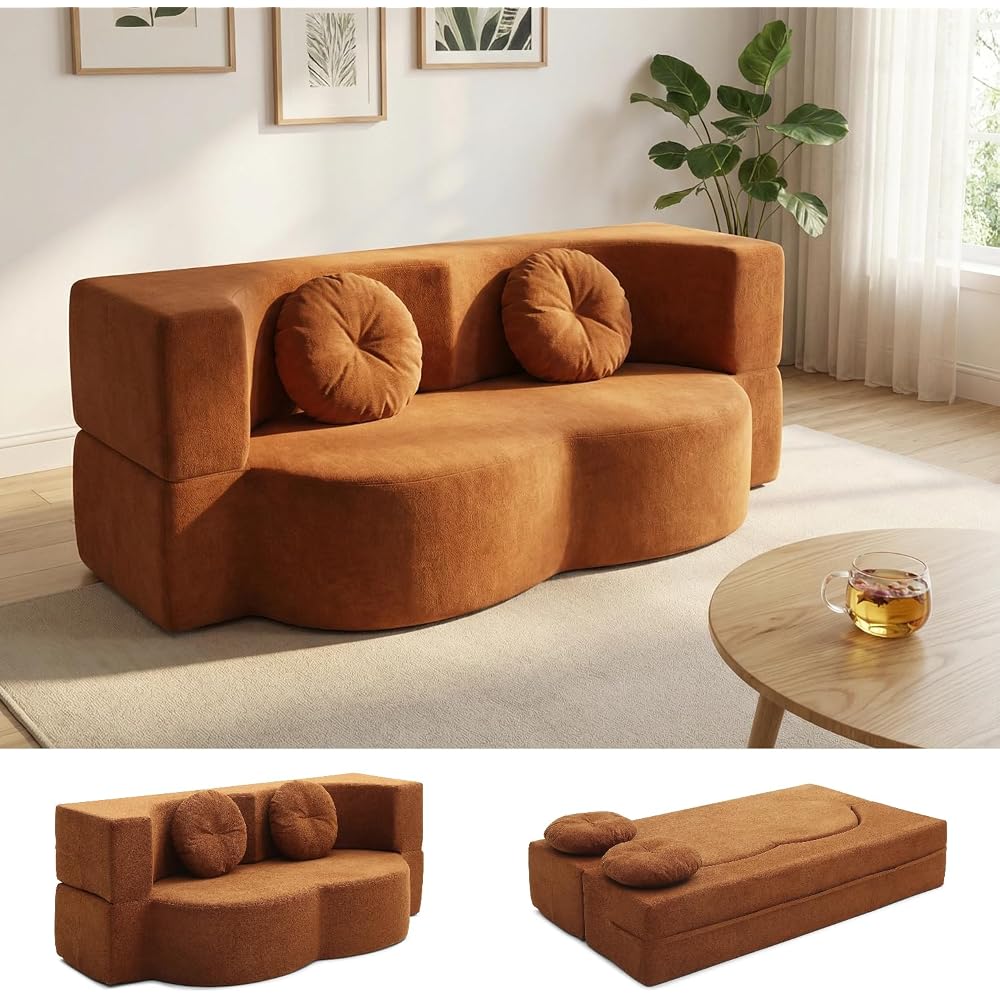 76" Folding Sofa Bed, Twin Size Convertible Design, Orange