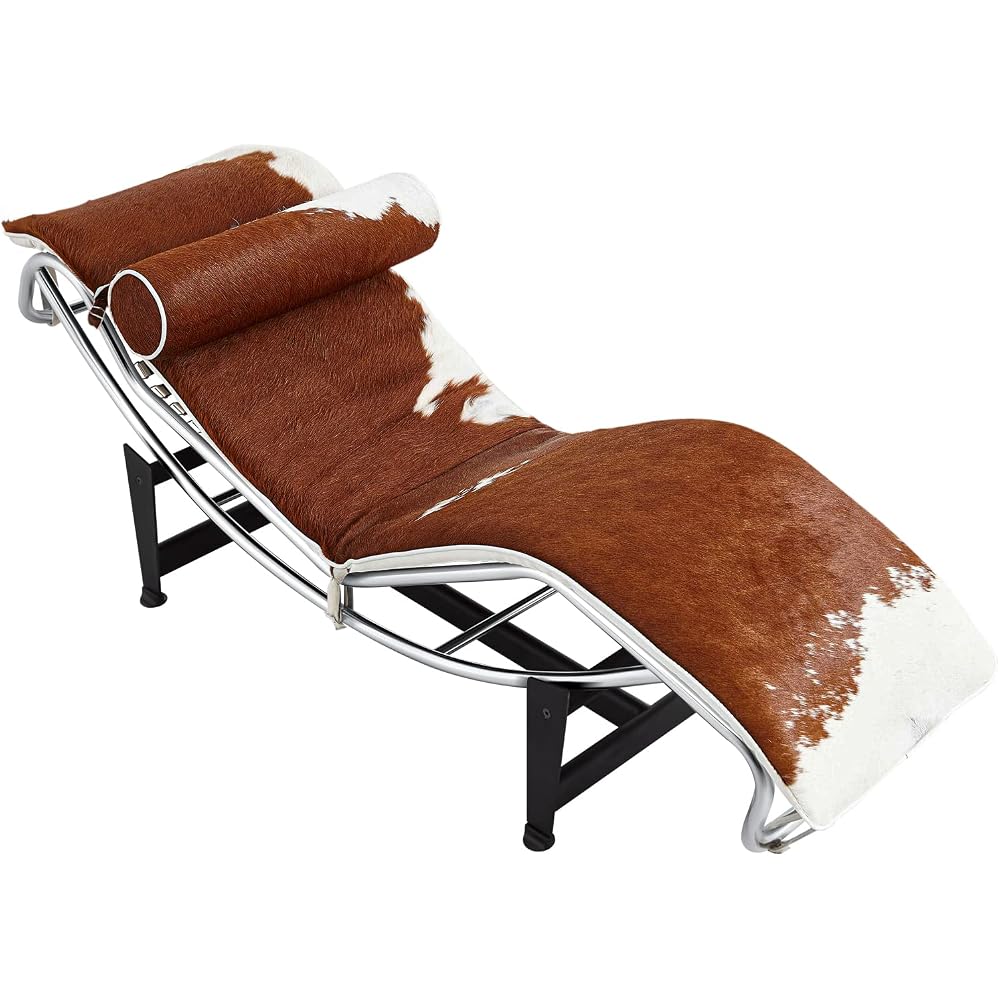 Le Corbusier Style LC4 Chaise Lounge Chair Reproduction - Brown & White Pony Leather