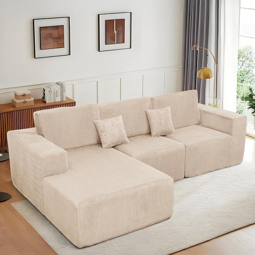 Boneless Couches for Living Room L-Shape Chaise Cloud Couch Modular Sectional 3 Pieces Deep Seat 111" Compressed Couches for Living Room Bedroom with Plush Corduroy Fabric No Assembly Required, Khaki