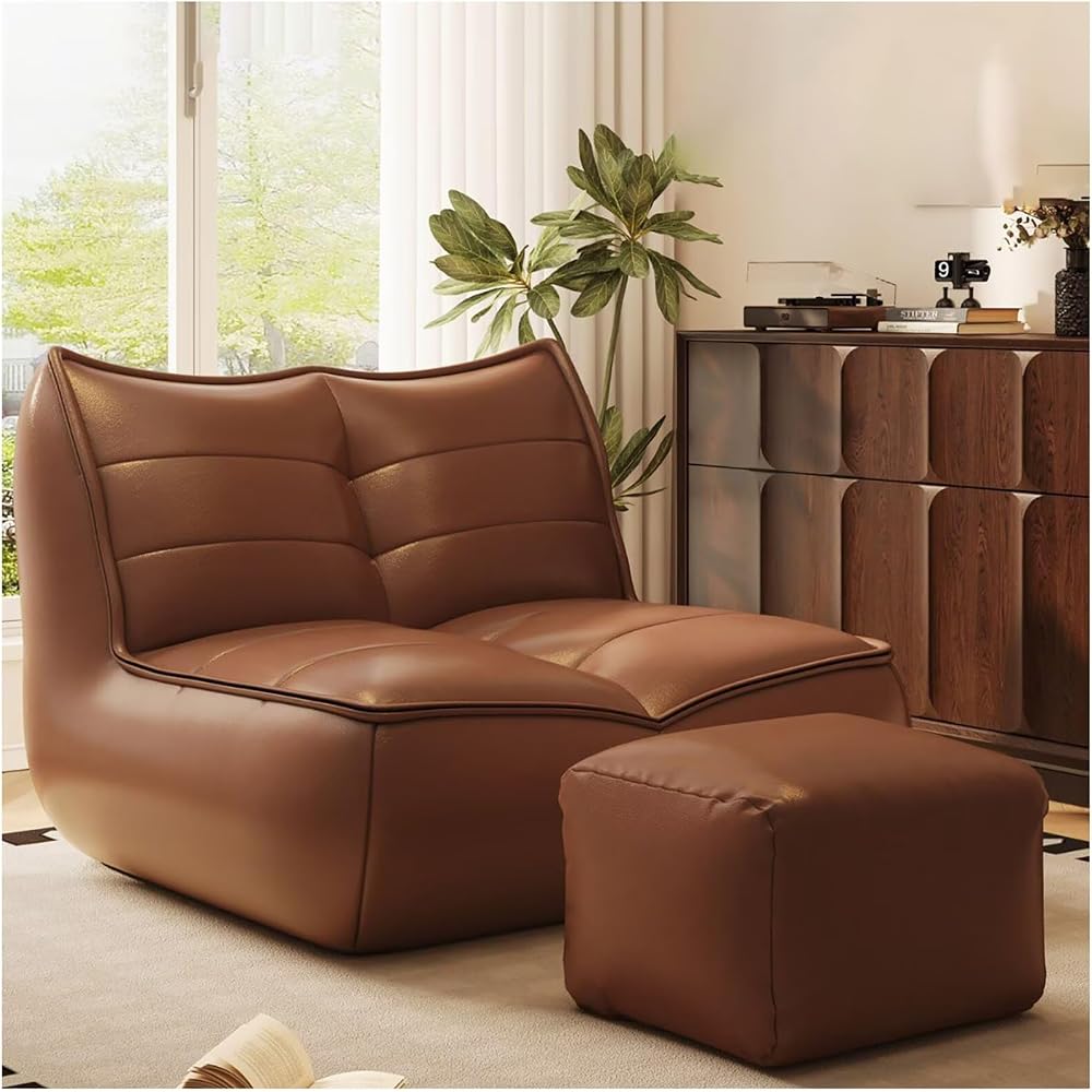PU Lounge Chair American Luxury Home Furnishings Lying Down Sleeping Leisure Retro Caterpillar Lazy Sofa 110° Ergonomic Floor Recliner Single Seat Beanbag for Living Room Bedroom （with Footstool）