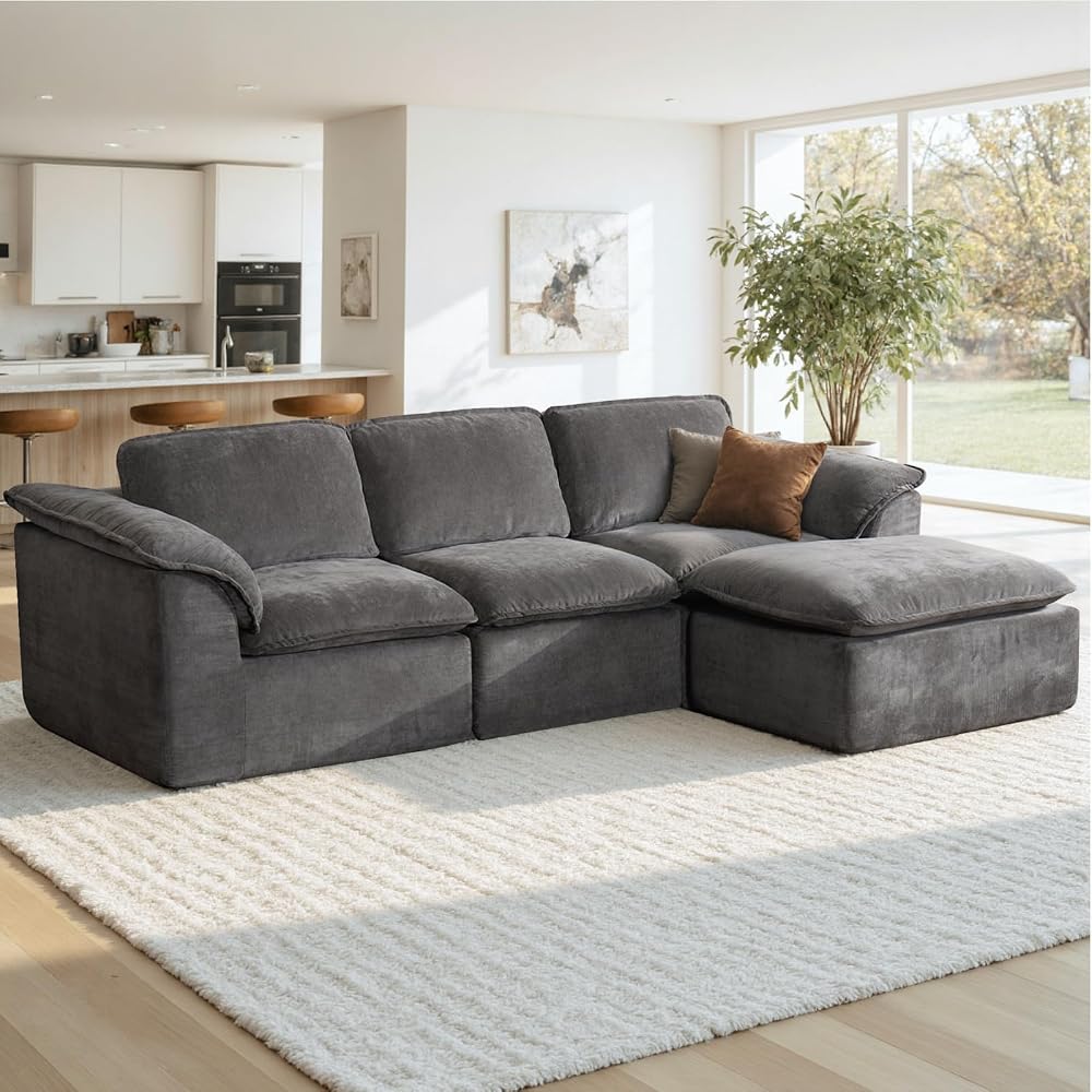 112" Cloud Couch with Padded Armrests & Moveable Ottoman Dark Grey