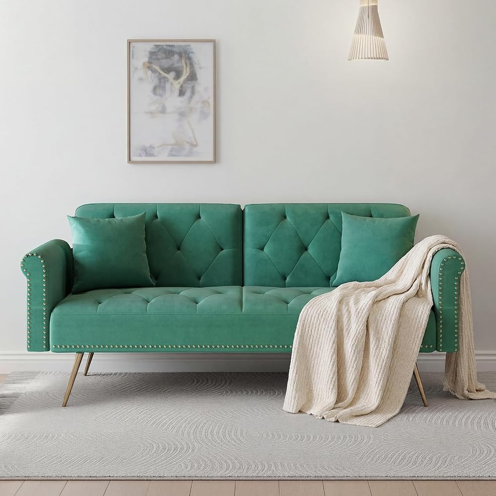 Modern 70" Velvet Sofa Bed Futon,Convertible Sleeper Couch with Adjustable Backrest, Split Back Loveseat with Golden Chrome Legs & 2 Pillows for Small Spaces,Living Room, Apartment (Green)