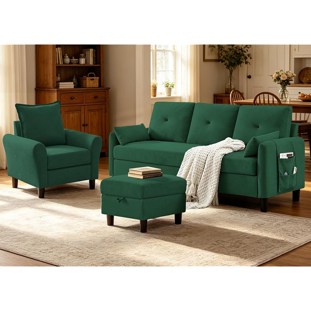 2 PCS Sectional Sofa Set, Convertible Sofa and Accent Chair, Small 3 Seat L Shaped Couch with Storage Ottoman and Side Pockets, Modern Couch for Living Room, Office, Apartment, Green