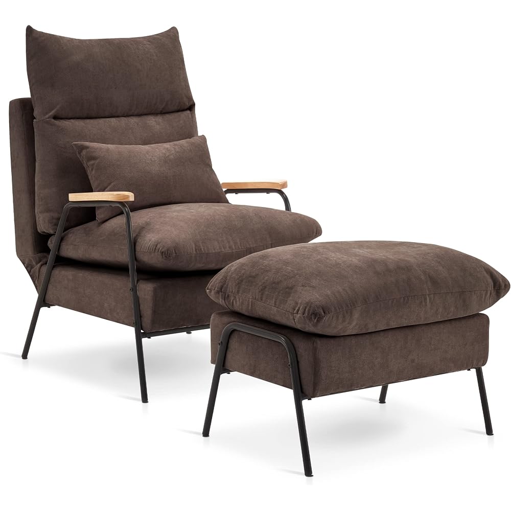 Accent Recliner Chair with Ottoman, Modern Fabric Armchair, Upholstered Sofa Bed for Living Room Bedroom, Small Space 4055 (Black Frame, Brown)