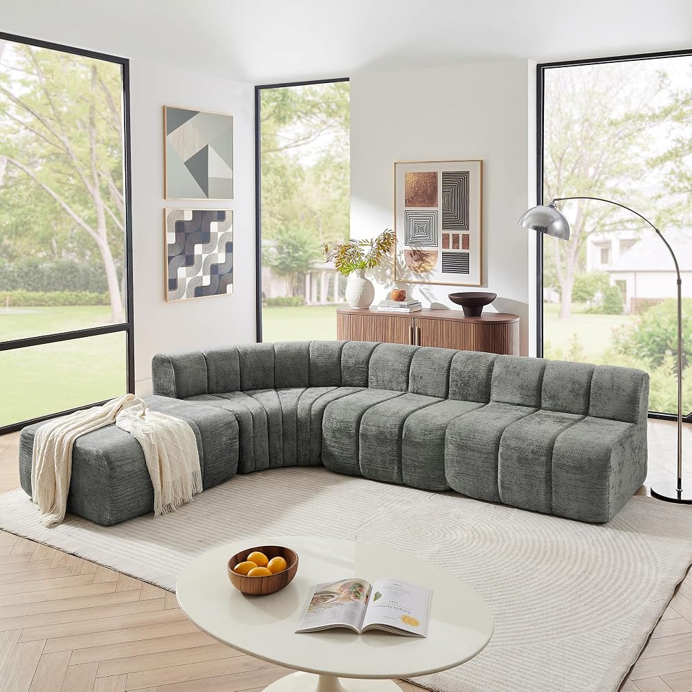 Modular Chenille Sectional Sofa with Curved L-Shape Design & Detachable Ottoman, Soft High-Density Fabric for Living Room, Apartment, Small Space, No Assembly Required, Dark Gray