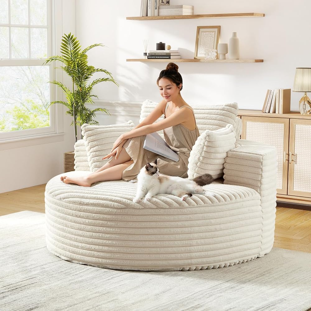 Modern Round Accent Sofa Chair for Living Room, Upholstered Corduroy Barrel Lounge Arm Chair with Large seat&Throw Pillows for Bedroom, Office, Apartment, Beige
