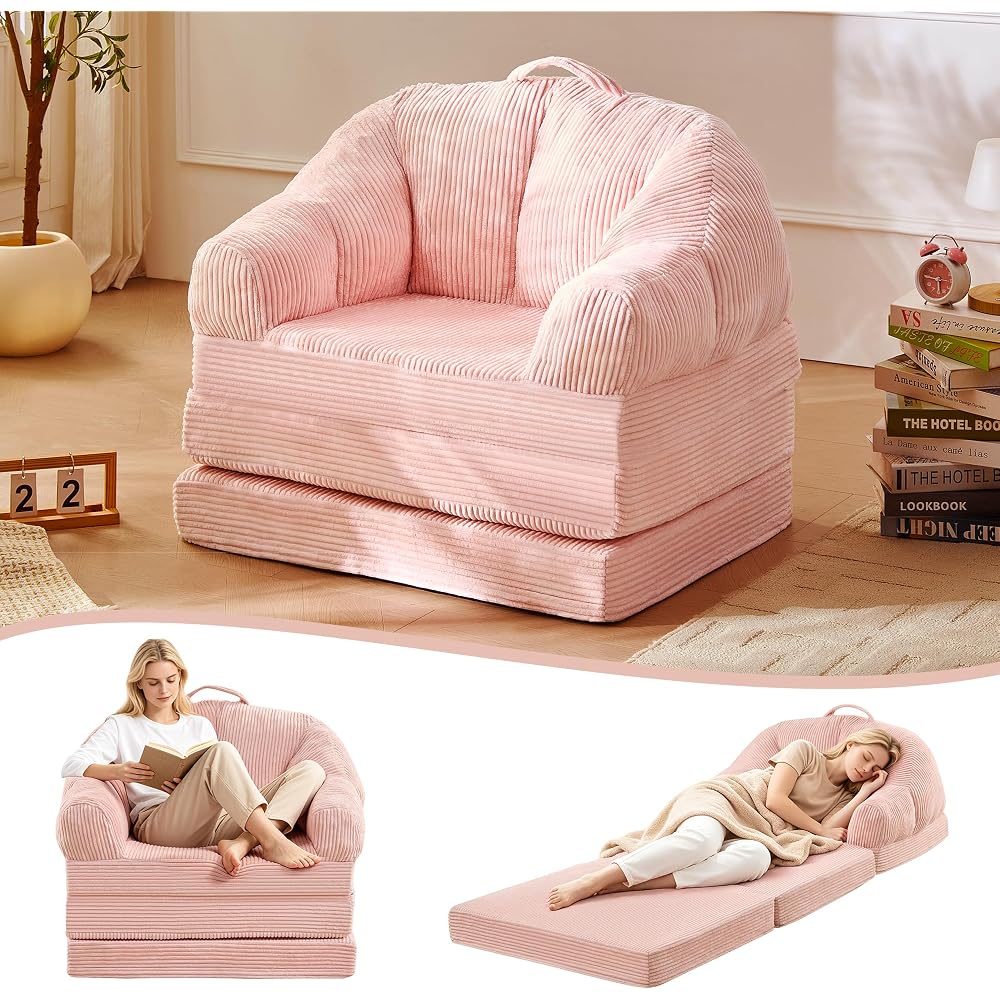 Folding Sofa Bed, 3-in-1 Convertible Boneless Couch with Handle, Floor Lounger & Sleeper Chair for Adults, Comfy Folding Couch Single Sofa for Living Room Bedroom, Pink