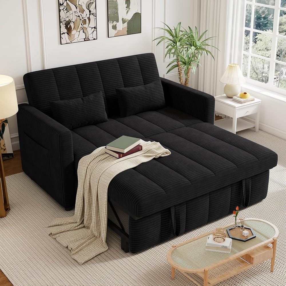 Sleeper Sofa Bed,3-in-1 Convertible Pull Out Couch with Adjustable Backrest for Living Room,Loveseat Sofa Bed with Side Pockets,Easy Assembly,Black,1 PCS