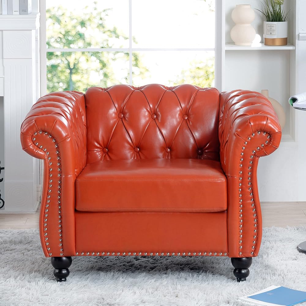 39" Chesterfield Tufted Sofa Chair, Midcentury Modern 1 Seater Couch with Deep Seat Cushions, Accent Strip, Rolled Arms & Solid Wood Legs, PU Leather Accent Sofa for Living Room, Orange