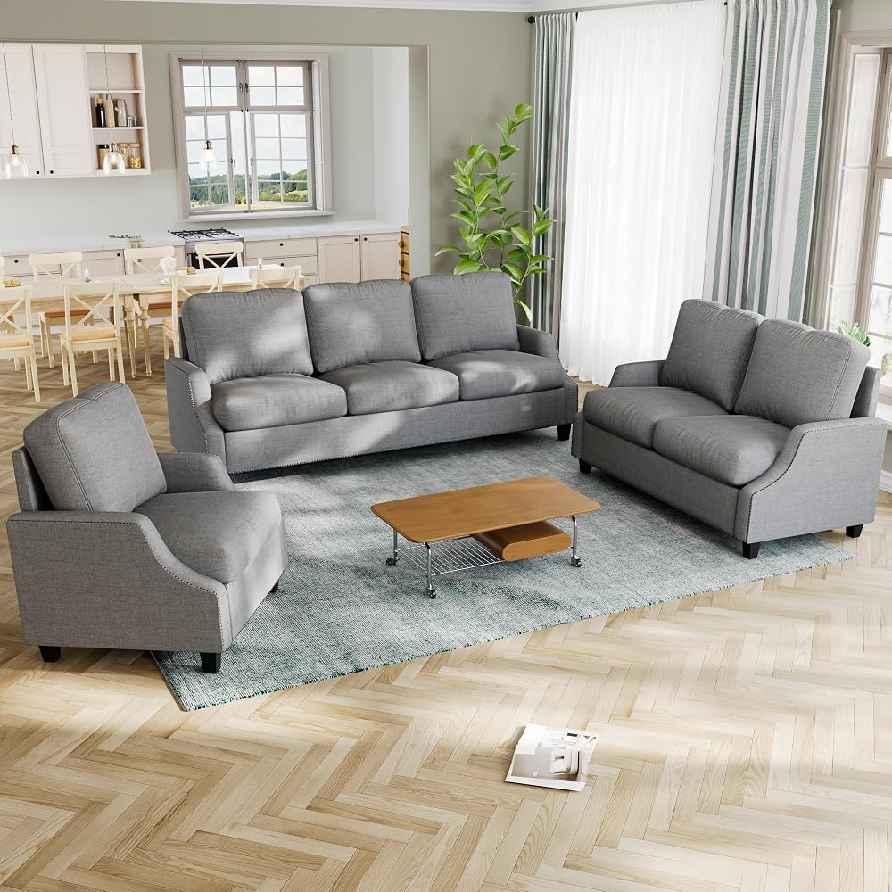 Couch And Loveseat Sets:3 Seater Couch,2 Seater Couch & Accent Chair,Modern Style 6 Seater Sectional Sofa.Adopts skin-friendly fabric for Living Room,Office,or Apartment.(Curved Handrail+Gray)