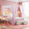 Full Canopy Bed Frame with Drawers and LED Lights & Charging,White
