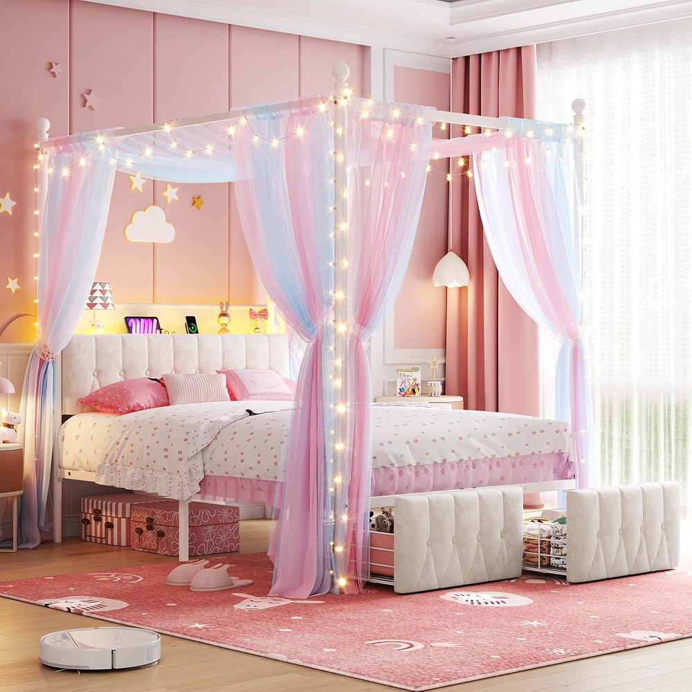 Full Canopy Bed Frame with Drawers and LED Lights & Charging,White