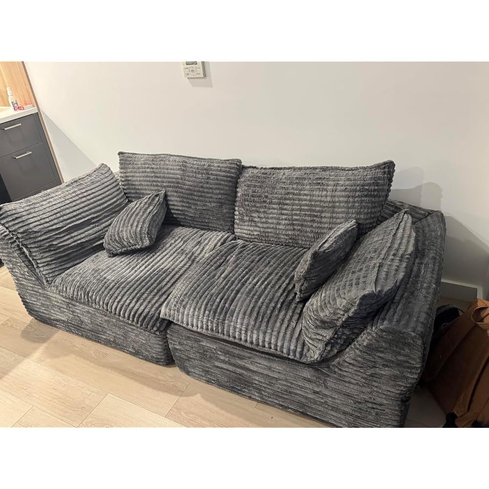 130 Inch Boneless Cloud Couch with 2 Ottomans, Compressed 4 Seat Modular Sectional Sofa, Fully Foam Couch for Large Living Room, Waffle Knit Fabric, No Hard Frame Sofa with 6 Pillows, White