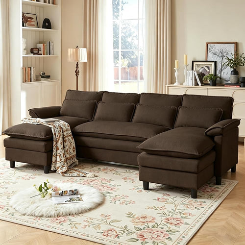 104" U Shape Cloud Couch, Convertible Sectional Sofa, Comfy Couches with Double Chaise and Sleepable Armrests, 4 Seats Sectional Sofa for Living Room, Coffee