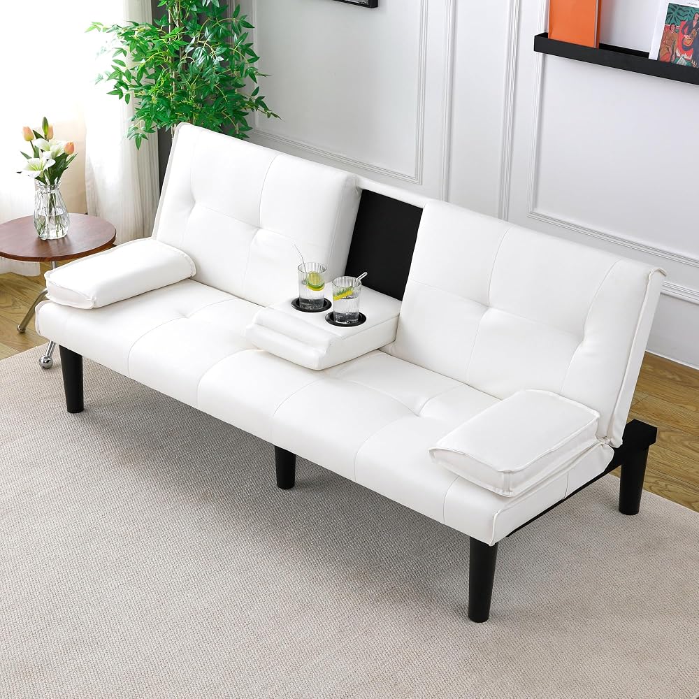 Futon Sofa Bed, Modern Convertible PU Leather Couch with Removable Armrests