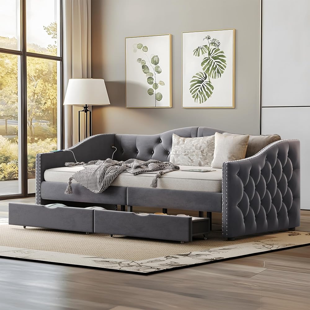 Twin Size Daybed with Storage Drawers, Upholstered Daybed, Grey