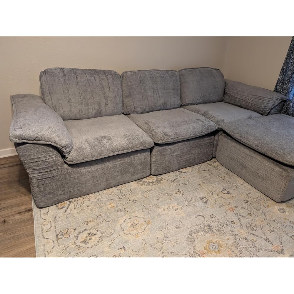 112" Cloud Couch with Padded Armrests & Moveable Ottoman Dark Grey