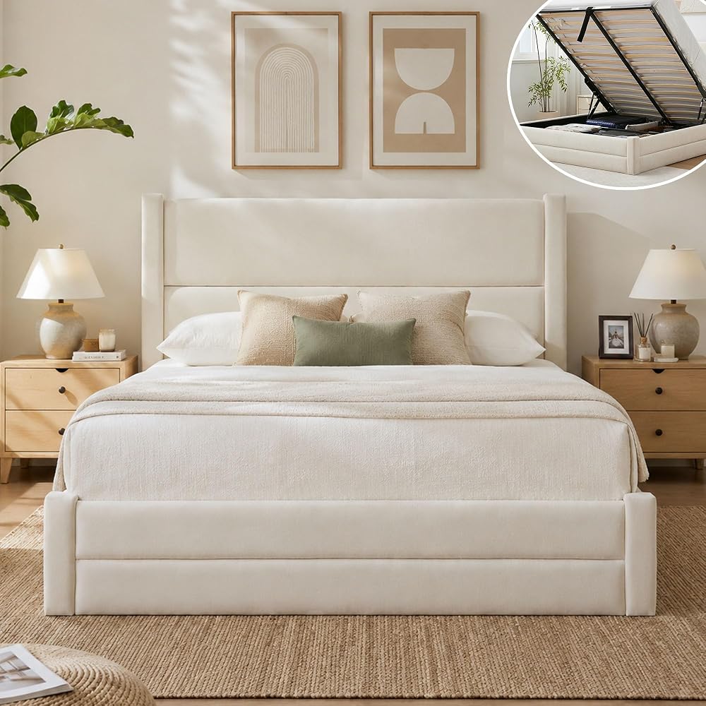 Full Size Lift Up Storage Bed Frame, Velvet-Look Upholstered Platform Bed with Clean-Lined Headboard, Hydraulic Lift, No Box Spring Needed, Cream White