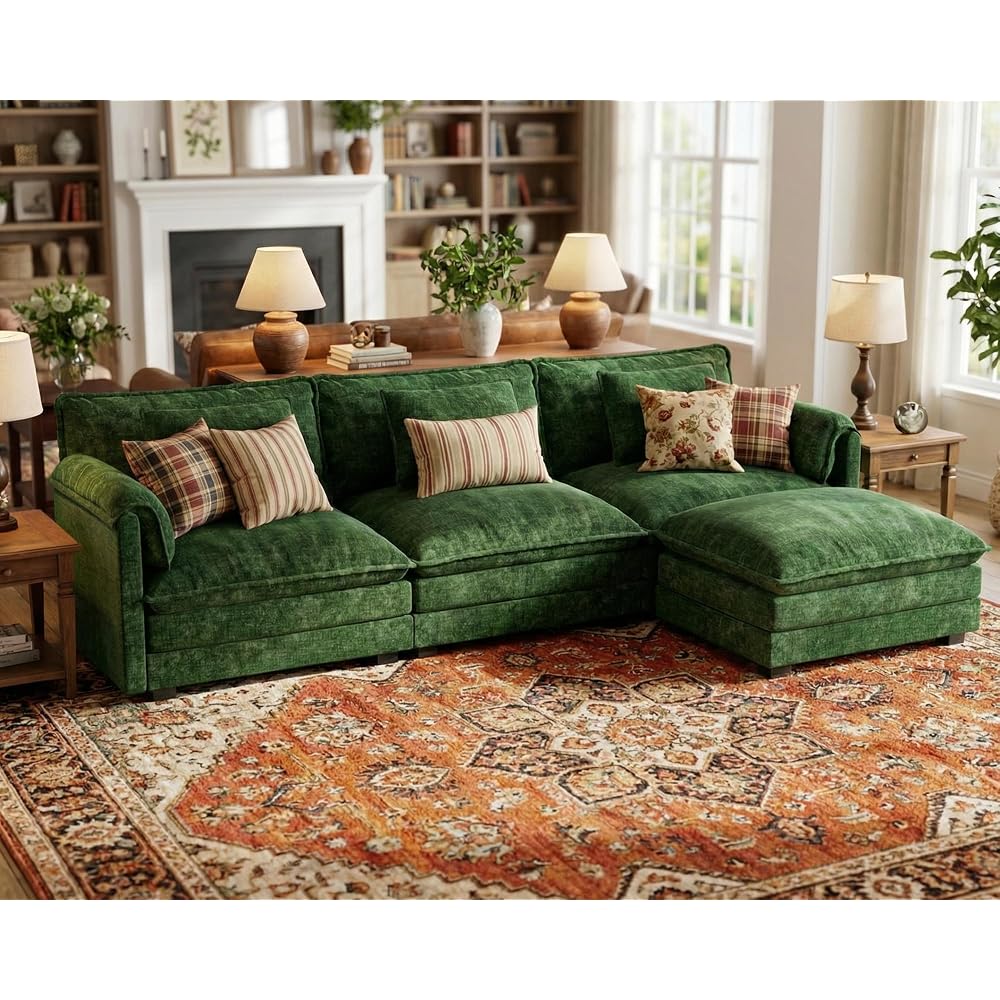 113" Oversized Modular Sectional Sofa, L Shaped Comfy Cloud Couch Sectional with Removable Cover, Wide Deep Seat Modern Sofa, Couches for Living Room, Bedroom and Apartment, Chenille, Green