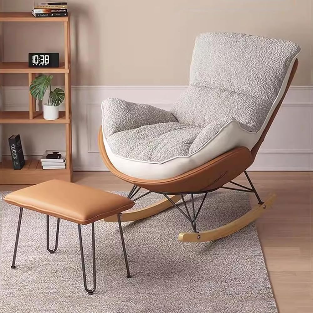 Rocker Glider Chair Rocking Chair with Ottoman Accent Upholstered Chair Modern Living Room Chair Balcony Leisure Chair Adult Sofa Chair with Thick Cushion (Color : Orange+Beige)