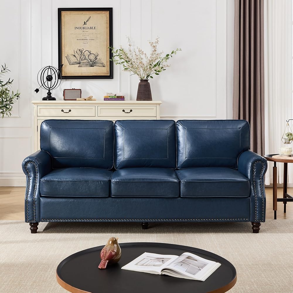 Faux Leather Sofa, Mid Century Modern Couch with Rolled Arm & Nailhead Trim for Living Room, Office - Blue