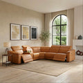 Breathing Leather Recliner Sectional Sofa, 5-Seat Power Reclining Sectional Couch with Adjustable Headrest&Storage Console, L Shaped Leather Couch for Living Room (Light Brown)